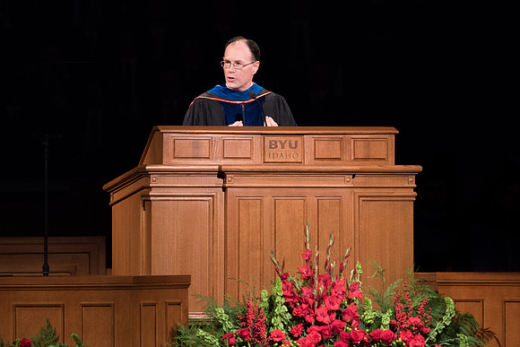 BYU-Idaho Graduation. Fall Semester. Bishop W. Christopher Wadell addressing the graduates. Dec 2017
