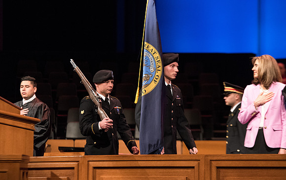 The BYU-Idaho ROTC posts the colors.