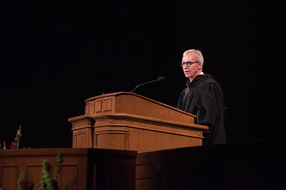 Academic Vice President Kelly Burgener speaks during Commencement.