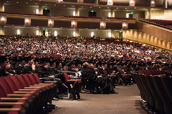 The congregation listens to Bishop W. Christopher Waddell's talk during Commencement.