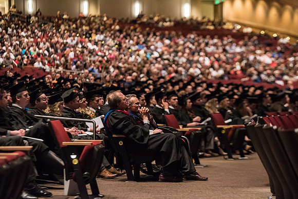 The congregation listens to Bishop W. Christopher Waddell's talk during Commencement.