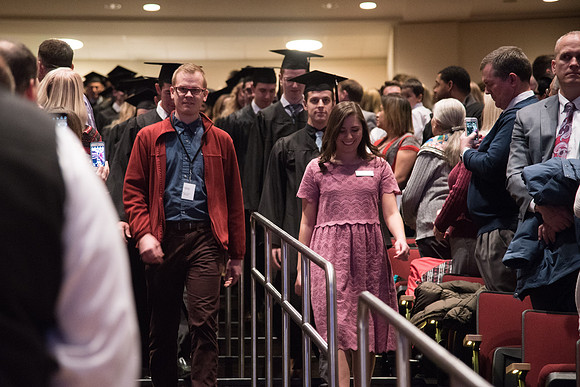 BYU-Idaho Graduation. Fall Semester. Students walking into the iCenter for Commencement. Dec 2017