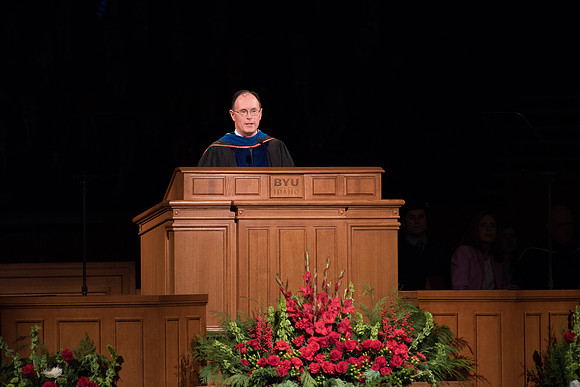 BYU-Idaho Graduation. Fall Semester. Bishop W. Christopher Wadell addressing the graduates. Dec 2017