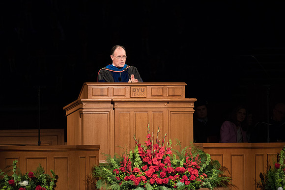 BYU-Idaho Graduation. Fall Semester. Bishop W. Christopher Wadell addressing the graduates. Dec 2017