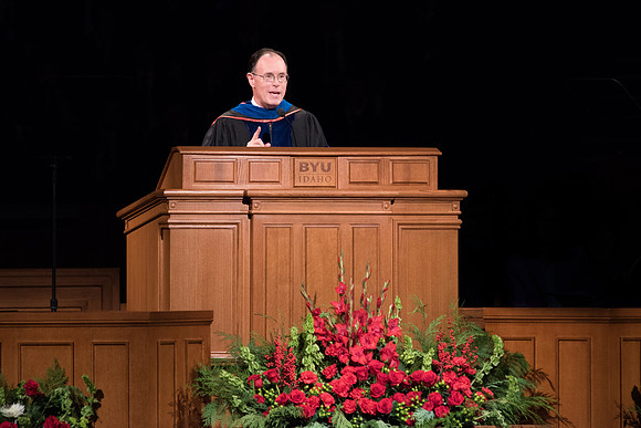 BYU-Idaho Graduation. Fall Semester. Bishop W. Christopher Wadell addressing the graduates. Dec 2017