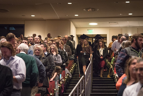 Graduates and their families gather in the I-Center for the Fall 2017 Commencement.