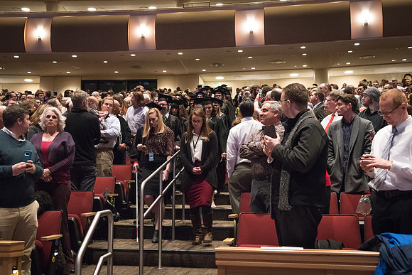 Graduates and their families gather in the I-Center for the Fall 2017 Commencement.