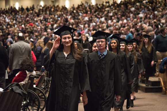 Graduates and their families gather in the I-Center for the Fall 2017 Commencement.