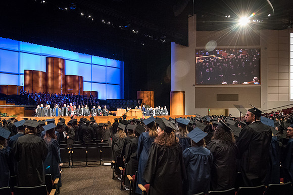 Graduates and their families gather in the I-Center for the Fall 2017 Commencement.
