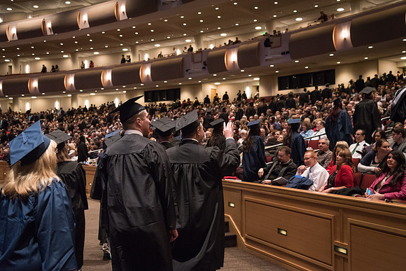 Graduates and their families gather in the I-Center for the Fall 2017 Commencement.