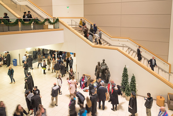 Graduates and their families gather in the I-Center for the Fall 2017 Commencement.