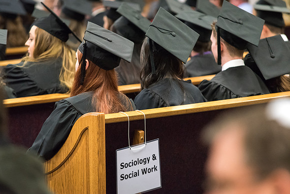 Sociology and Psychology graduates gather in the Hinkley chapel for convocation.