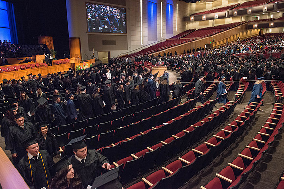 Commencement - Recessional, graduates file out of the BYU-Idaho Center.  Dec 2017