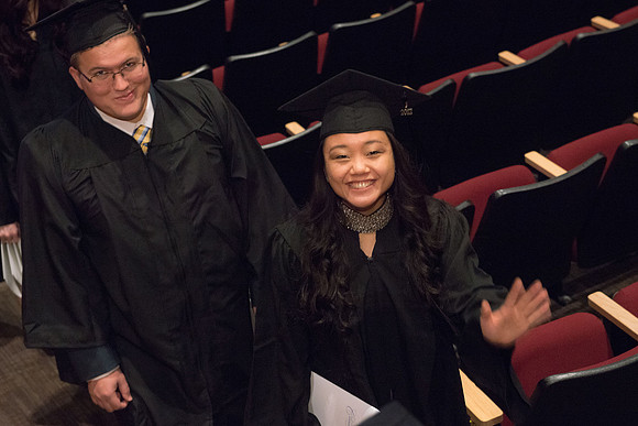 Commencement - Recessional, graduates file out of the BYU-Idaho Center.  Dec 2017