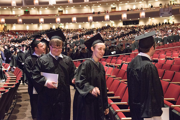 Commencement - Recessional, graduates file out of the BYU-Idaho Center.  Dec 2017