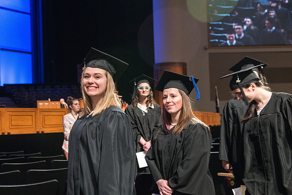 Commencement - Recessional, graduates file out of the BYU-Idaho Center.  Dec 2017
