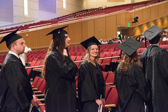 Commencement - Recessional, graduates file out of the BYU-Idaho Center.  Dec 2017