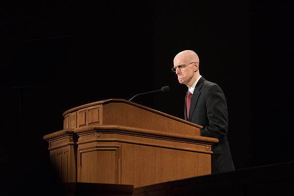 BYU-Idaho First Winter Semester Devotional. President Eyring doing a "funny face" while joking about his lack of hair in his head. Jan 2018
