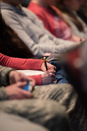 BYU-Idaho First Winter Semester Devotional. Students taking notes. Jan 2018