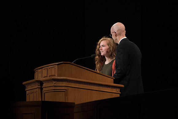 BYU-Idaho First Winter Semester Devotional. President Eyring addresing the Students while having others share their experiences on living the Honor Code. Jan 2018