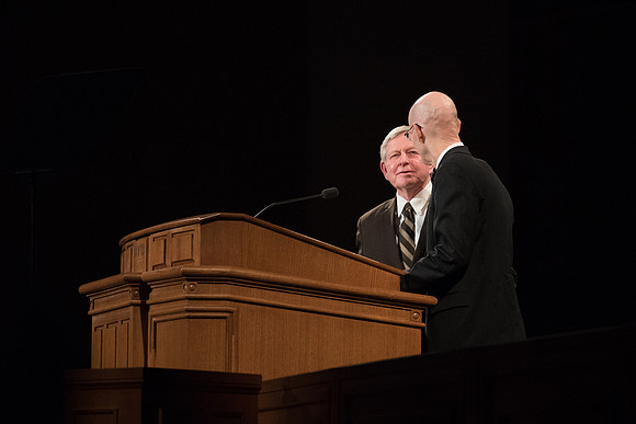 BYU-Idaho First Winter Semester Devotional. President Eyring addresing the Students while having the stake Partiarch share his experience on living the Honor Code. Jan 2018