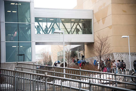 BYU-Idaho First Winter Semester Devotional. Students exiting the iCenter to return to their classes. Jan 2018