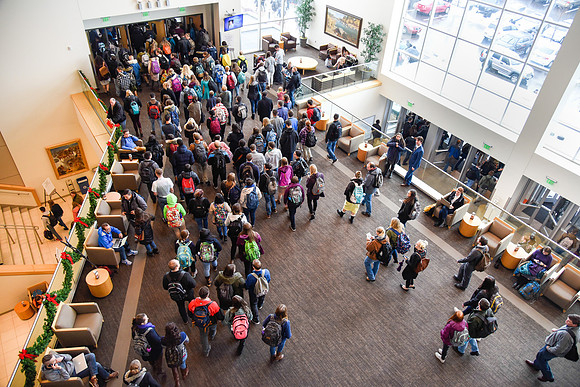 Student traffic as they leave the first devotional of Winter Semester.