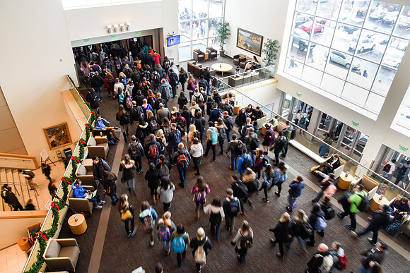 Student traffic as they leave the first devotional of Winter Semester.