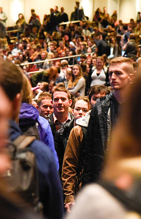 Student traffic as they go to the first devotional of Winter Semester.