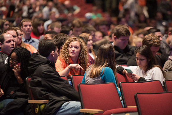 Students getting ready for the welcoming to new students and parents from President and Sister Eyring. Jan 2018