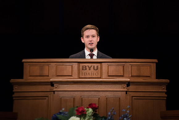 Student conducting during the official welcome to new students and parents from President and Sister Eyring. Jan 2018