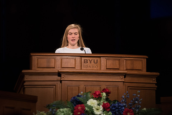 Student offering a prayer during the official welcome to new students and parents from President and Sister Eyring. Jan 2018