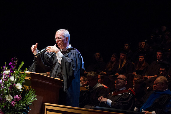 Kelly Burgener gives a few remarks during Performing and Visual Arts College Convocation during the Spring Semester Graduation in the Snow Building. Photo by Tyler Rickenbach