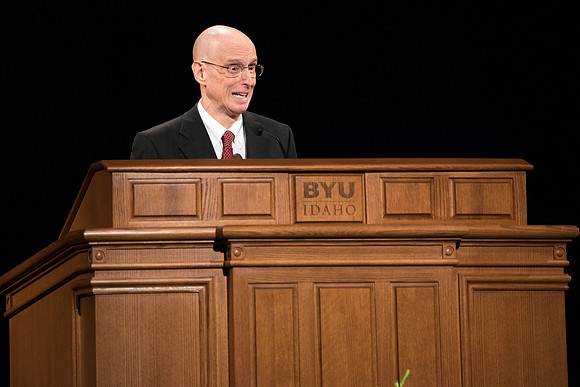 President Eyring gets animated while giving his Devotional address.