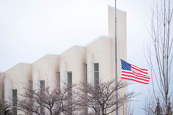 The American Flag waves in front of the Taylor Building. 2018