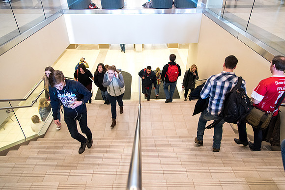 Students crowd after a class period.