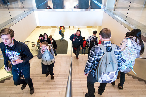 Students crowd after a class period.