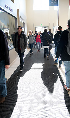 Students crowd after a class period.