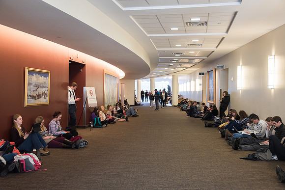 Students crowd before the Devotional