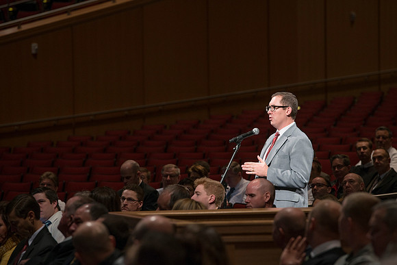 President Gilbert and Elder David A. Bednar Have a Q&A style meeting for the BYU-Idaho employees. Elder Bednar was the President during the transition of Ricks College to BYU-Idaho.