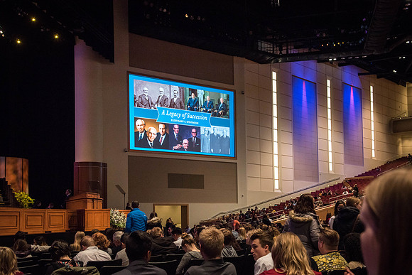 The I-Center is full of students as Elder Stevenson comes to speak at Devotional.