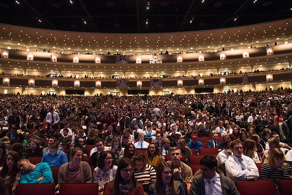 The I-Center is full of students as Elder Stevenson comes to speak at Devotional.