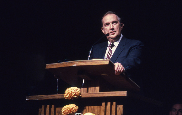 Richard G. Scott speaking at a fireside at Rick's College in 1988.
