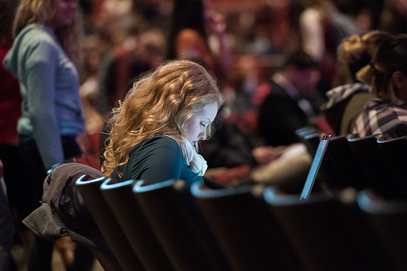BYU-Idaho Devotional. Students waiting for the Devotional to start. Jan 2018