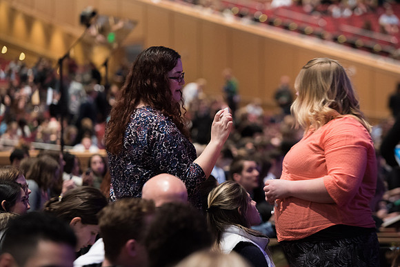 BYU-Idaho Devotional. Students waiting for the Devotional to start. Jan 2018
