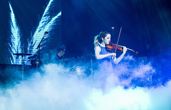 Center Stage-Lindsey Stirling, a classically trained violinist from Gilbert, AZ, performs at BYU-Idaho Hart Auditorium.