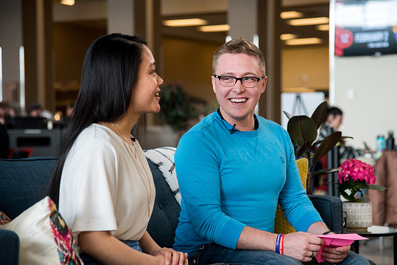 Justin Louis and a student participate in the Conversation Couch for Ready video.