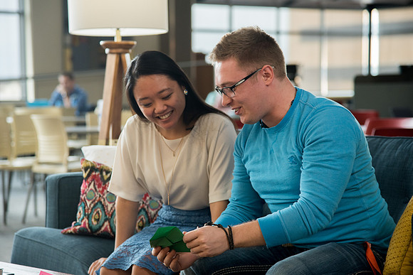 Justin Louis and a student participate in the Conversation Couch for Ready video.
