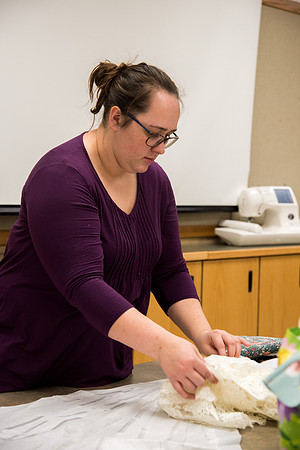 Students making Bridal dress pattern in FCS 490R taught by Sister Genet Orme.