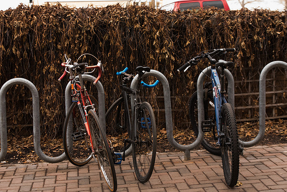 BYU-Idaho Campus during a regular class day. Bikes in front of the Benson Building. Feb 2018